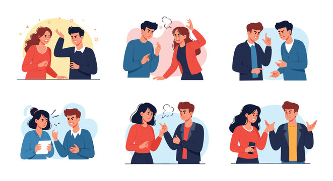 Collection of various diverse couples having intense arguments and showing different expressions of anger or frustration.