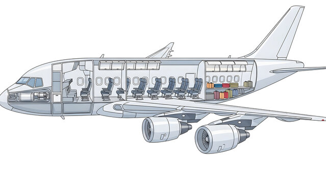 Cutaway view of a passenger airplane revealing seating, cockpit, engines, and cargo compartments