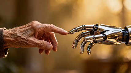 Wrinkled senior hand and futuristic robot hand nearly touching, symbolic image of human robot connection, technology empathy and shared future
