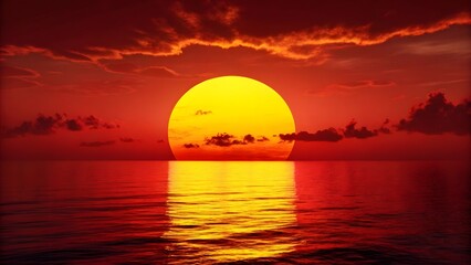 A breathtaking red and yellow sunset dramatically descends over the calm ocean surface