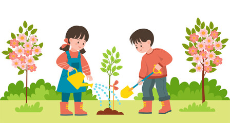 Little children planting tree together. Little boy and girl working together outdoors in the garden.