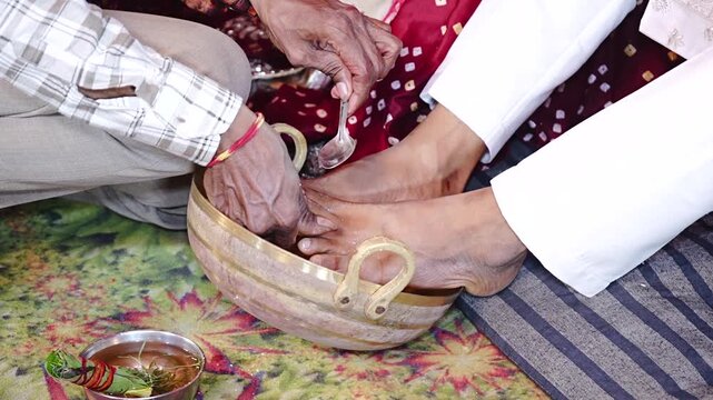 Authentic Indian marriage vidhi video showing traditional Hindu wedding rituals and sacred ceremonies. Features bride and groom performing wedding customs, Vedic rituals, priests, sacred fire (havan),