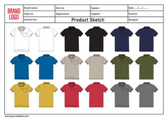 Multicolor Polo shirt vector illustration template front and back views