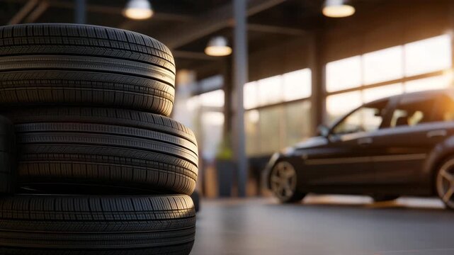 A stack of all-season tires arranged neatly in a tire shop, labels visible and tread patterns catching light &mdash; tire selection, consumer automotive products, and retail showroom environment.