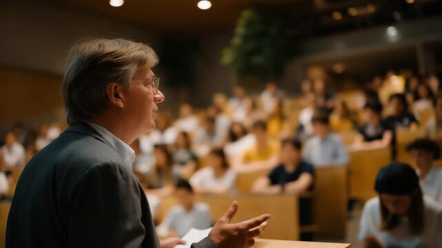 A university lecture hall with an interpreter translating academic content into multiple languages for international students &mdash; educational accessibility, inclusive learning, and academic language