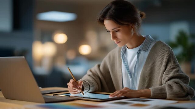 A UX designer sketching interface ideas on a tablet while referencing brand guidelines and mood boards on a laptop &mdash; a polished visual workflow showing digital design pipelines, prototyping