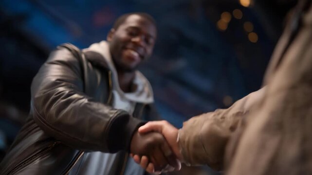 A volunteer giving away their own jacket to someone shivering on the street during winter outreach &mdash; compassion, humanitarian sacrifice, and everyday heroism. cinematic color correction, natural