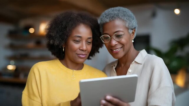 A volunteer helping an elderly person fill out digital forms on a tablet at a neighborhood center, smiling patiently as they work together &mdash; digital inclusion, intergenerational support, and