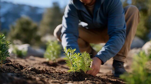 A volunteer planting trees in a reforestation project, kneeling in fresh soil as sunlight filters through young saplings &mdash; environmental activism, sustainability efforts, and hands-on ecological