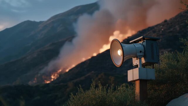 A wildfire evacuation siren mounted on a rural hillside blasting a warning as orange smoke fills the sky, signaling urgent community evacuation &mdash; dramatic natural disaster scene, emergency response