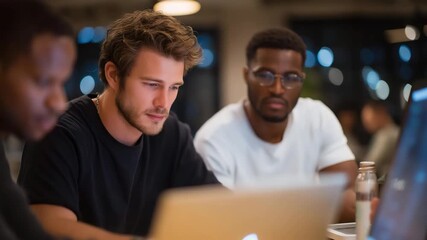 Early-stage app developers huddled around a laptop at midnight, debugging code while energy drinks and notebooks cover the table — intense problem-solving, software creation, and startup - Powered by Adobe