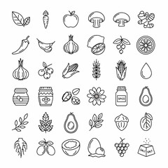 A collection of fresh food icons including fruits, vegetables, spices, and grains on a white background