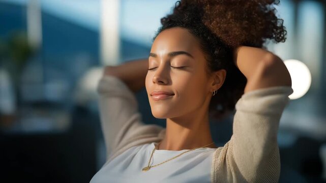 Employee taking a mid-day break to stretch and breathe &mdash; lifestyle representation of corporate wellness culture and longevity through stress management. cinematic color correction, natural uneven
