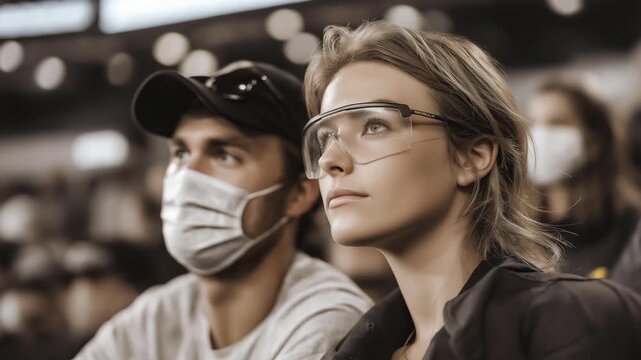 Fans in face masks and gloves watching a match in a post-pandemic stadium &mdash; modern sports culture adapting to new realities of safety and unity. cinematic color correction, natural uneven lighting