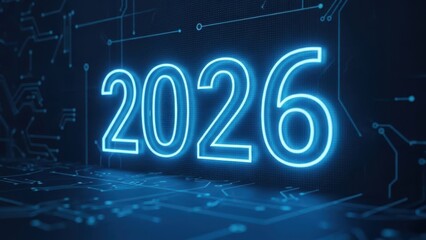 Neon blue 2026 text on dark circuit board background with glowing lines and dots