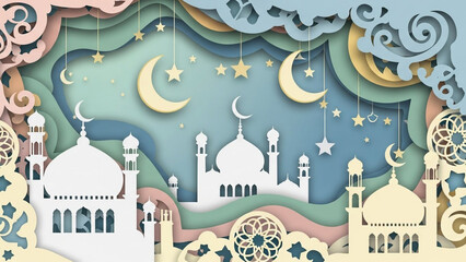 Fototapeta premium A serene Islamic cityscape during Ramadhan, with crescent moons and stars shining over majestic mosques and intricate architecture