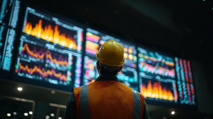 Worker in yellow hard hat, orange safety vest views large tech screen. Digital display shows real time charts, graphs for modern factory data. Enginee