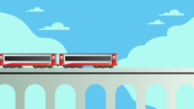Animated flat illustration of a modern passenger train moving across a bridge under a clear blue sky. Clean and minimal motion graphic suitable for transportation, travel, and infrastructure concepts.