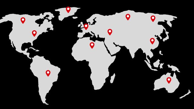 World map travel route location animation on dark background, world map showing the locations of countries Global Business Network concept.