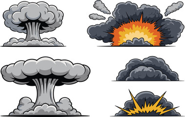Colorful Explosion and Mushroom Cloud Vector Illustration Set for Comic Action and Impact Graphic Designs © Majnur