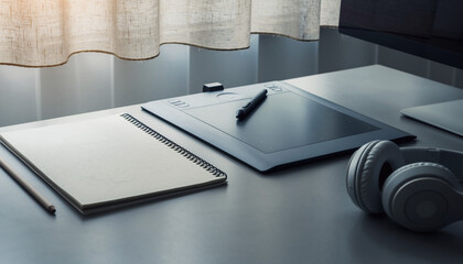 Creative workspace with digital drawing tablet and notebook