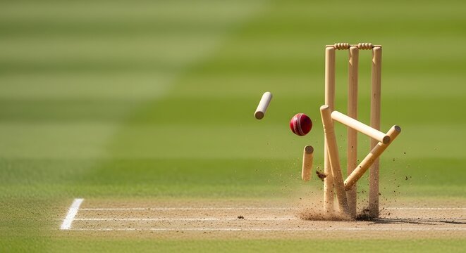 Dynamic cricket stumps flying after a powerful hit on a sunny green pitch, capturing the intense sports action concept