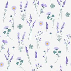Seamless pattern of purple wildflowers, lavender, and clover on a light background. Elegant repeating floral background for textiles, wallpaper, and wrapping.