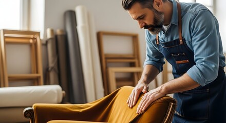 A skilled male upholsterer meticulously works on a classic chair in his workshop, embodying a craftsmanship concept