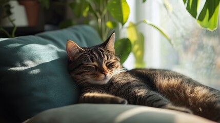 Relaxed Tabby Cat Sleeping on Cushion Near Window with Greenery