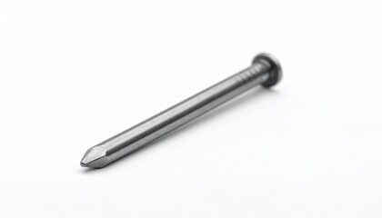 Single metallic nail with flat head, smooth cylindrical shaft, and pointed tip on white background.