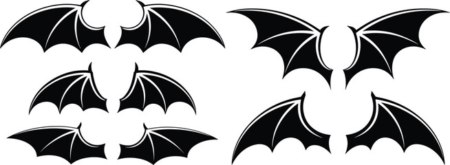 Black Bat and Demon Wing Silhouette Vector Illustration Set for Spooky Graphic Design Projects