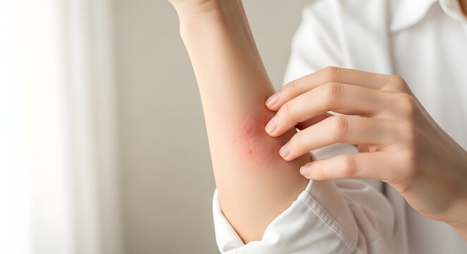 Close-up of a woman's hand scratching an uncomfortable itchy rash on her forearm, illustrating a common skin allergy concept.