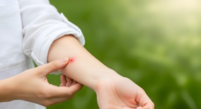 Close-up of a person's hand touching a red, swollen insect bite on their wrist, illustrating discomfort and skin irritation health concept