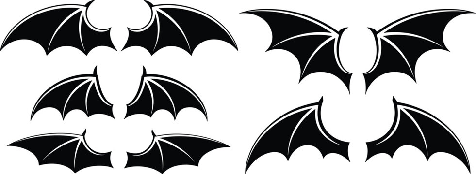 Black Bat and Demon Wing Silhouette Vector Illustration Set for Spooky Graphic Design Projects