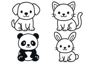 Fototapeta premium Cute Animal Line Art Illustration Set on White Background