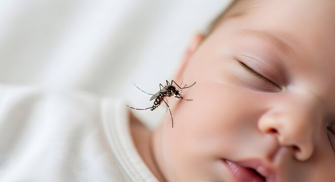 A dangerous mosquito resting on a sleeping baby's face, highlighting a health risk prevention concept for infant care