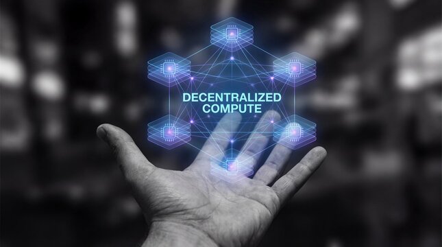 Hand presenting decentralized compute network with futuristic interface - Powered by Adobe