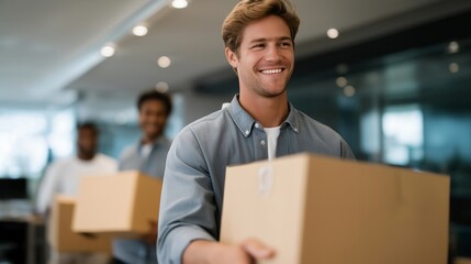 An office team unpacking branded cardboard boxes filled with new equipment, laughter and teamwork energizing a freshly renovated workspace — workplace refresh, team-building atmosphere, and