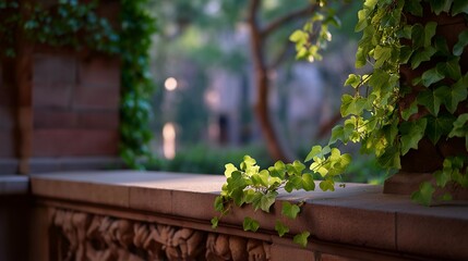Ivy cascading down an old brick library wall, leaves catching soft morning light as dust motes drift around weathered stone carvings — academic nostalgia, natural architecture, and historic campus