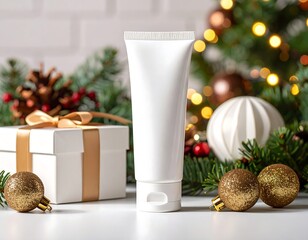 White tube product, gift box, and festive decorations for holiday display