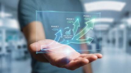 Businessman presenting projected growth phases with arrows