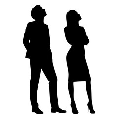 Couple looking up, man and woman, vector silhouettes of standing business people in business suit, profile, black color, isolated on white background