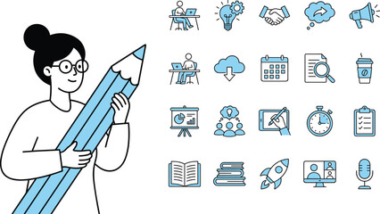 Education and productivity concept illustration, creative learning tools, communication icons, flat vector design, editable, modern academic theme