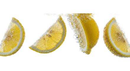 hyper-detailed macro photograph of glossy yellow lemon slices and wedges submerged in sparkling water generating effervescent bubbles, transparent high-key backdrop. concept for beverage advertising