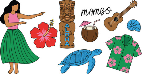 Hawaiian tropical icons, island culture, hula dance, coconut drink, flat vector illustration, beach vibes, aloha spirit, vacation theme © Creative Mind