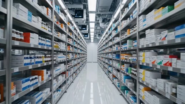 Long shot of a well-organized warehouse aisle with rows of shelving units stocked with various boxes and containers on a clean floor.