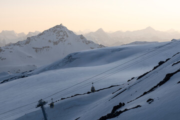 Sunset on Mount Elbrus, view of the mountains and the cable car, Russia
