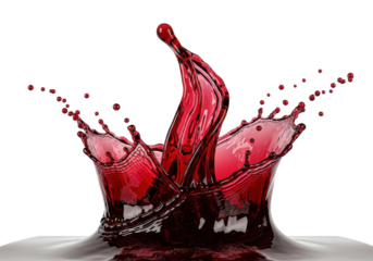 close-up macro shot of a dynamic, glossy ruby red wine splash, frozen mid-explosion, highly detailed droplets suspended against a transparent background. Concept for beverage advertising