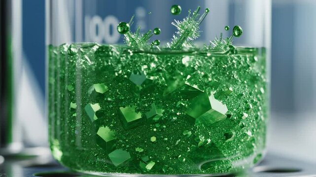 Extreme close-up slow motion shot of vibrant green liquid rapidly crystallizing inside clean laboratory glassware during a transformative chemical experiment complexity, future, vibrant green liquid