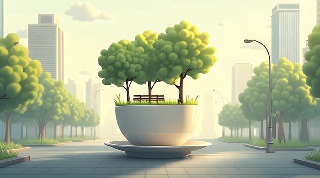 Surreal conceptual illustration of a modern city park with trees and benches growing inside a large coffee cup placed on a city street, symbolizing urban balance and mindful living, soft daylight, cle